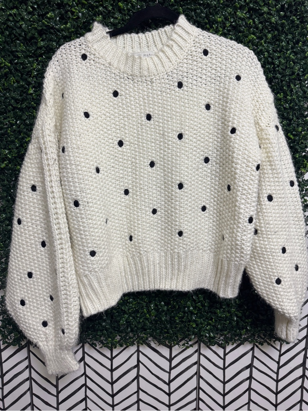 Cream Polka Dot Knit Crewneck Sweater